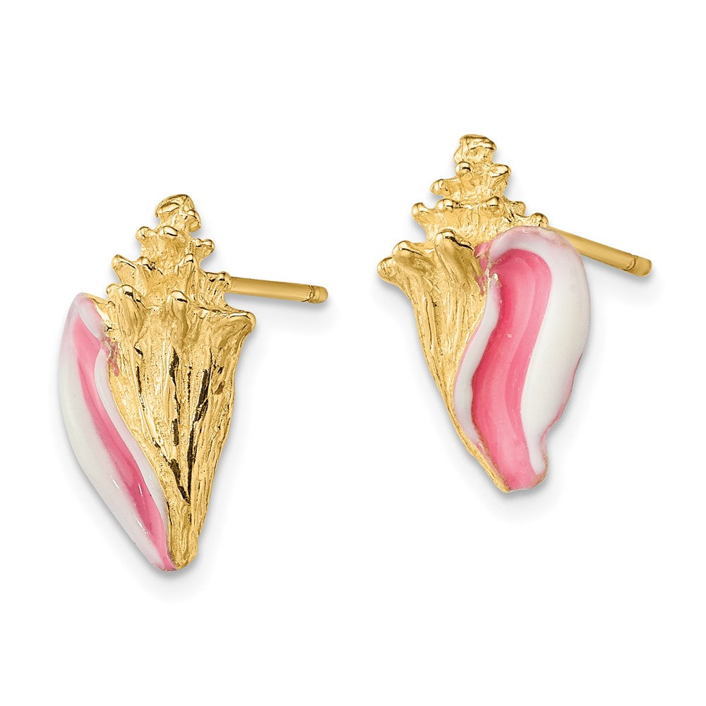 14k Yellow Gold 9.4 mm White and Pink Enamel Conch Shell Post Earrings (3.67 grams)