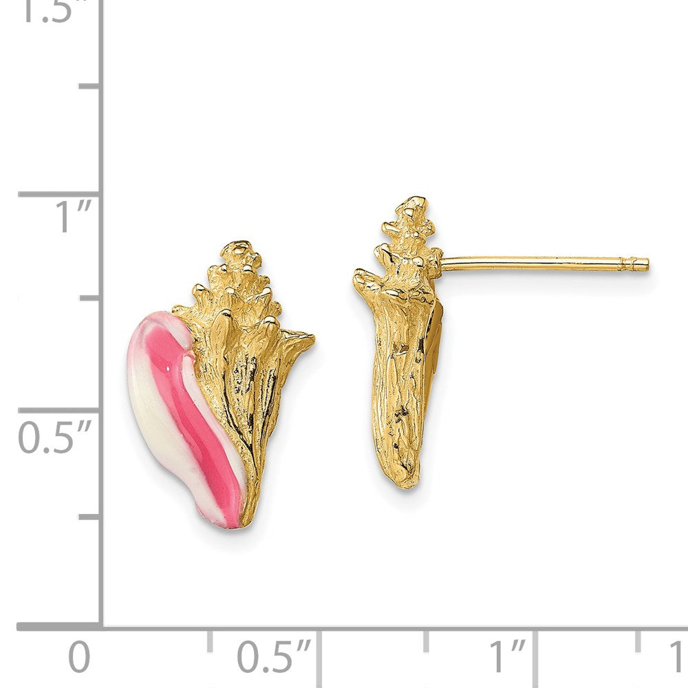 14k Yellow Gold 9.4 mm White and Pink Enamel Conch Shell Post Earrings (3.67 grams)