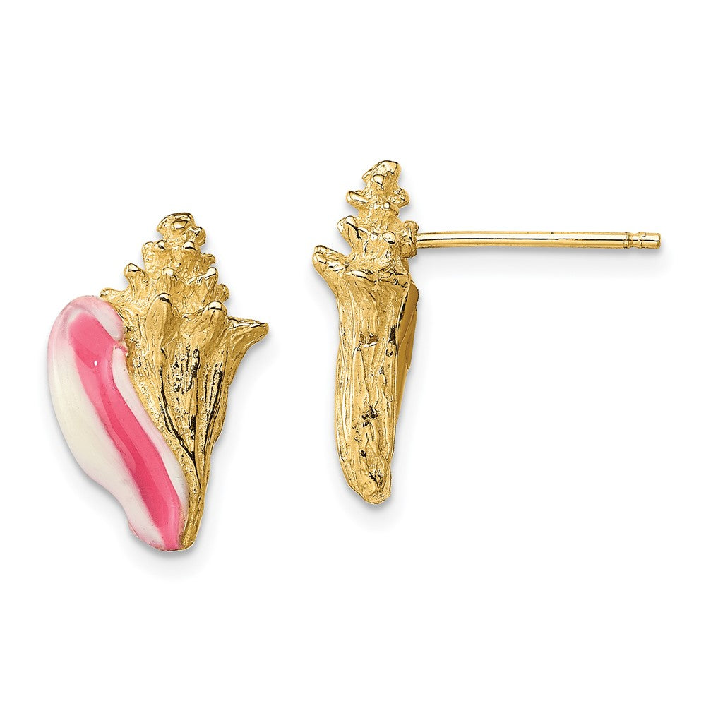 14k Yellow Gold 9.4 mm White and Pink Enamel Conch Shell Post Earrings (3.67 grams)