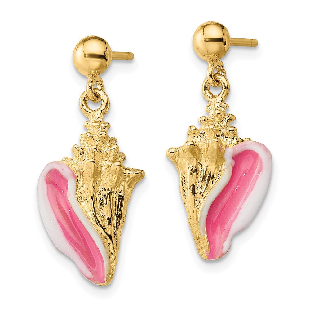 14k Yellow Gold 10.1 mm White and Pink Enamel Conch Shell Dangle Earrings (4.31 grams)