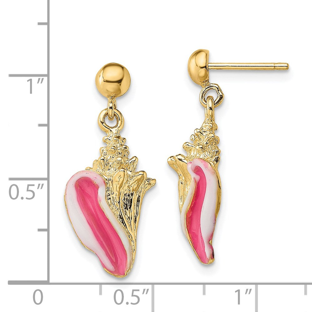 14k Yellow Gold 10.1 mm White and Pink Enamel Conch Shell Dangle Earrings (4.31 grams)
