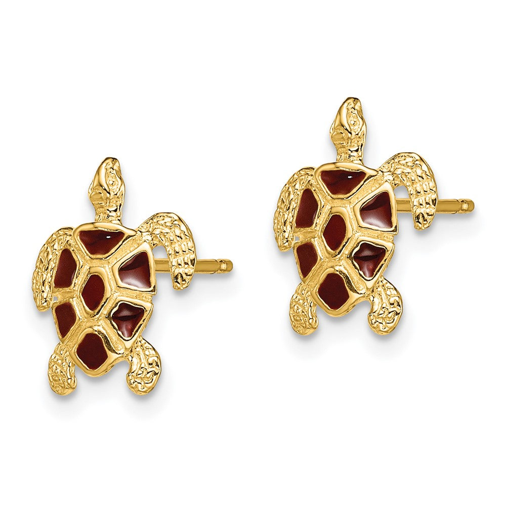 14k Yellow Gold 8.75 mm Sea Turtle W/Brown Enamel Shell / Textured Post Earrings (1.42 grams)