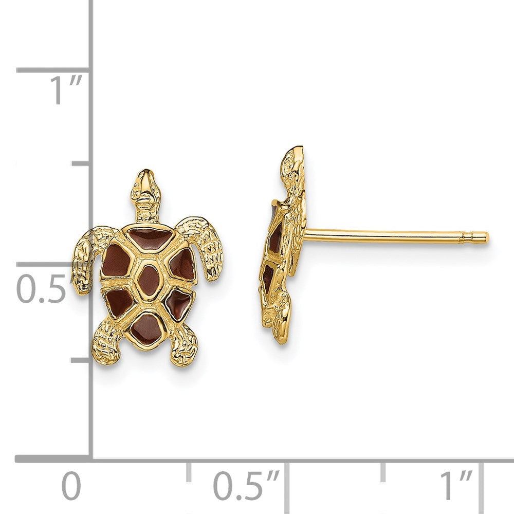 14k Yellow Gold 8.75 mm Sea Turtle W/Brown Enamel Shell / Textured Post Earrings (1.42 grams)