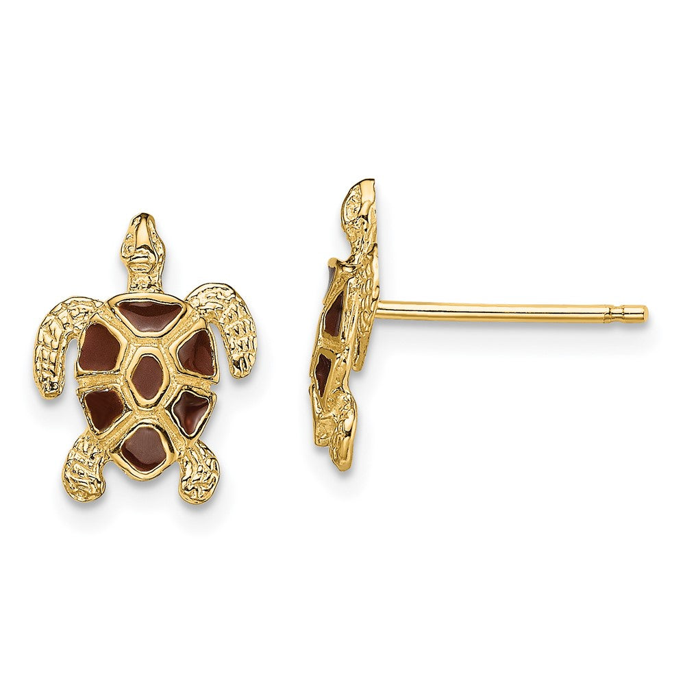 14k Yellow Gold 8.75 mm Sea Turtle W/Brown Enamel Shell / Textured Post Earrings (1.42 grams)