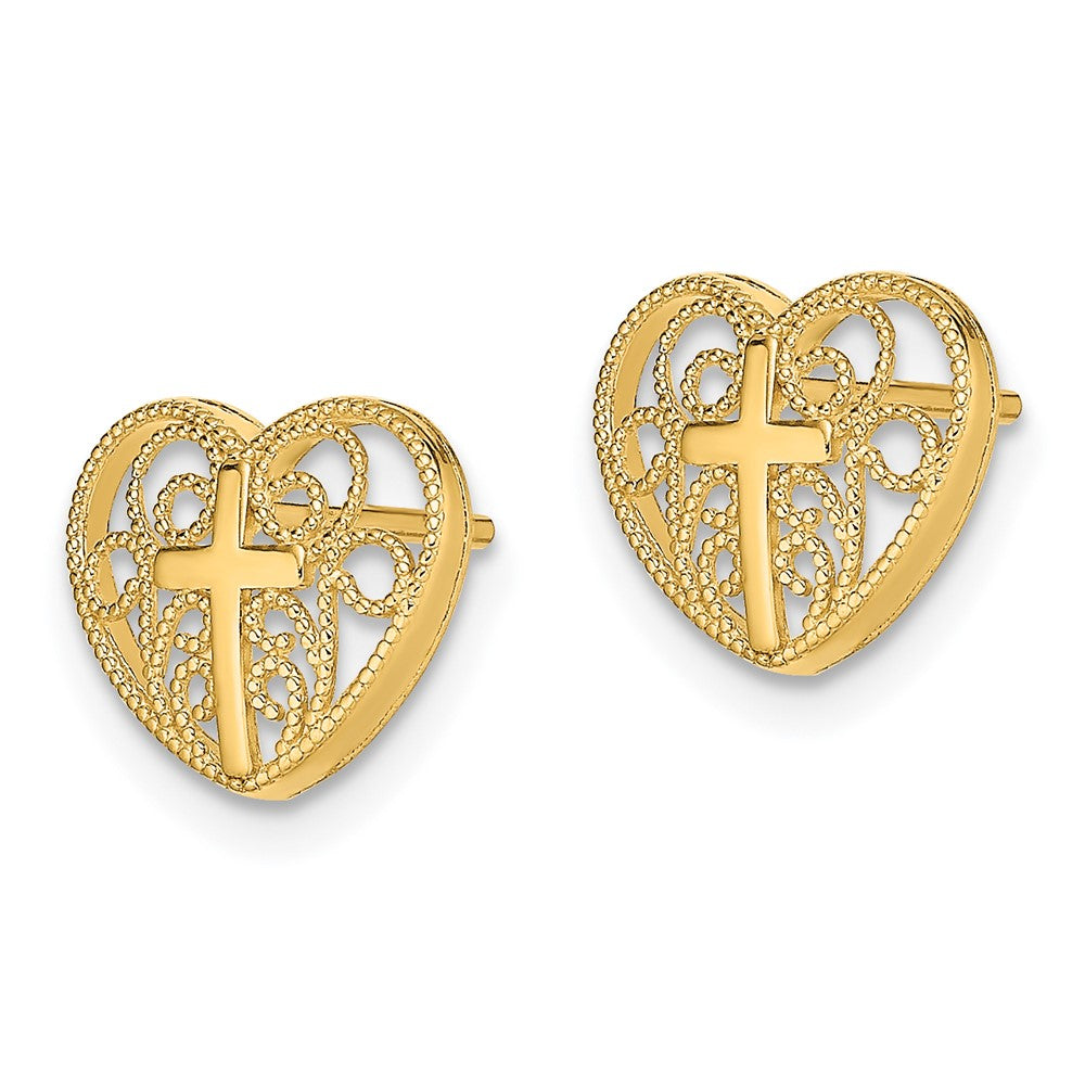 14K Cross in Center Filigree Heart Post Earrings (1.13 grams)