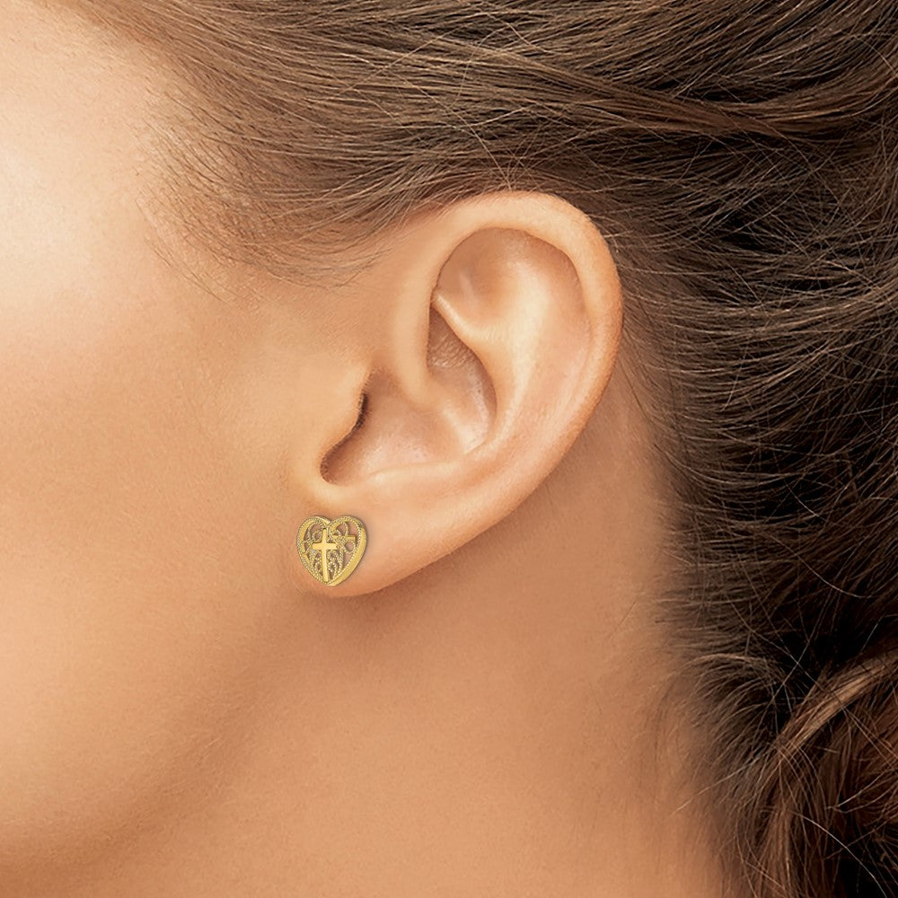 14K Cross in Center Filigree Heart Post Earrings (1.13 grams)