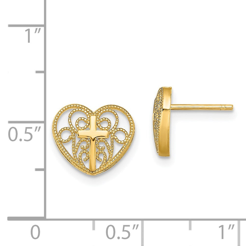 14K Cross in Center Filigree Heart Post Earrings (1.13 grams)
