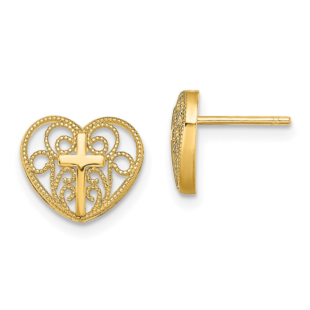 14K Cross in Center Filigree Heart Post Earrings (1.13 grams)