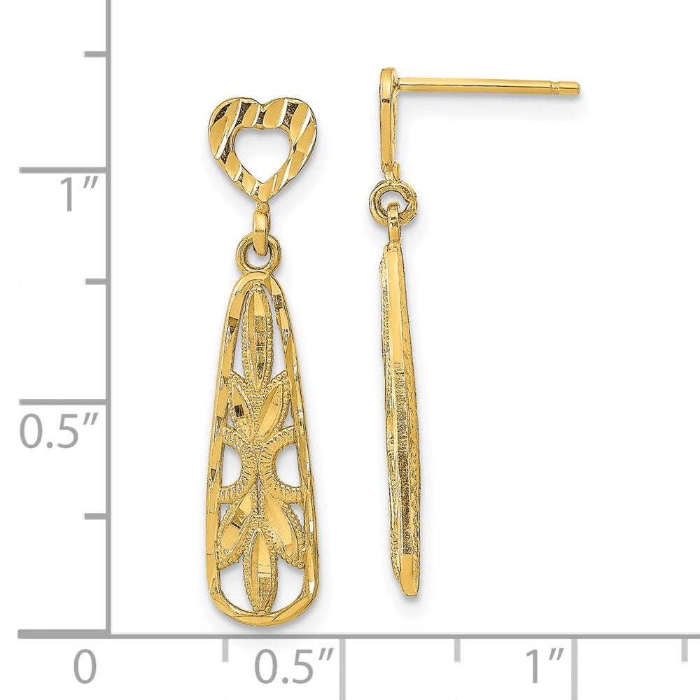 14k Yellow Gold 6.5 mm D/C Teardrop Heart Dangle Post Earrings (1.69 grams)