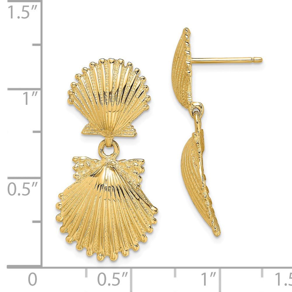 14k Yellow Gold 14.66 mm Double Scallop Shell Dangle Earrings (5.2 grams)