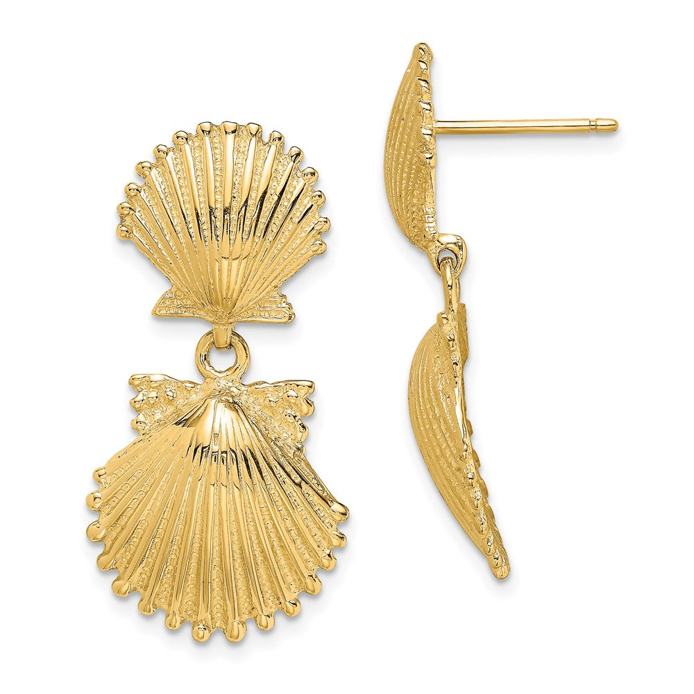 14k Yellow Gold 14.66 mm Double Scallop Shell Dangle Earrings (5.2 grams)