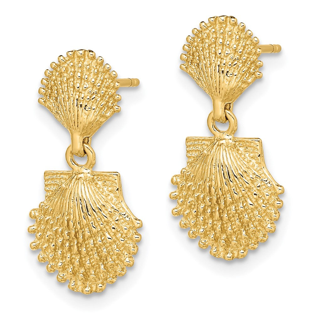 14k Yellow Gold 10.3 mm Double Beaded Scallop Shell Dangle Earrings (2.35 grams)