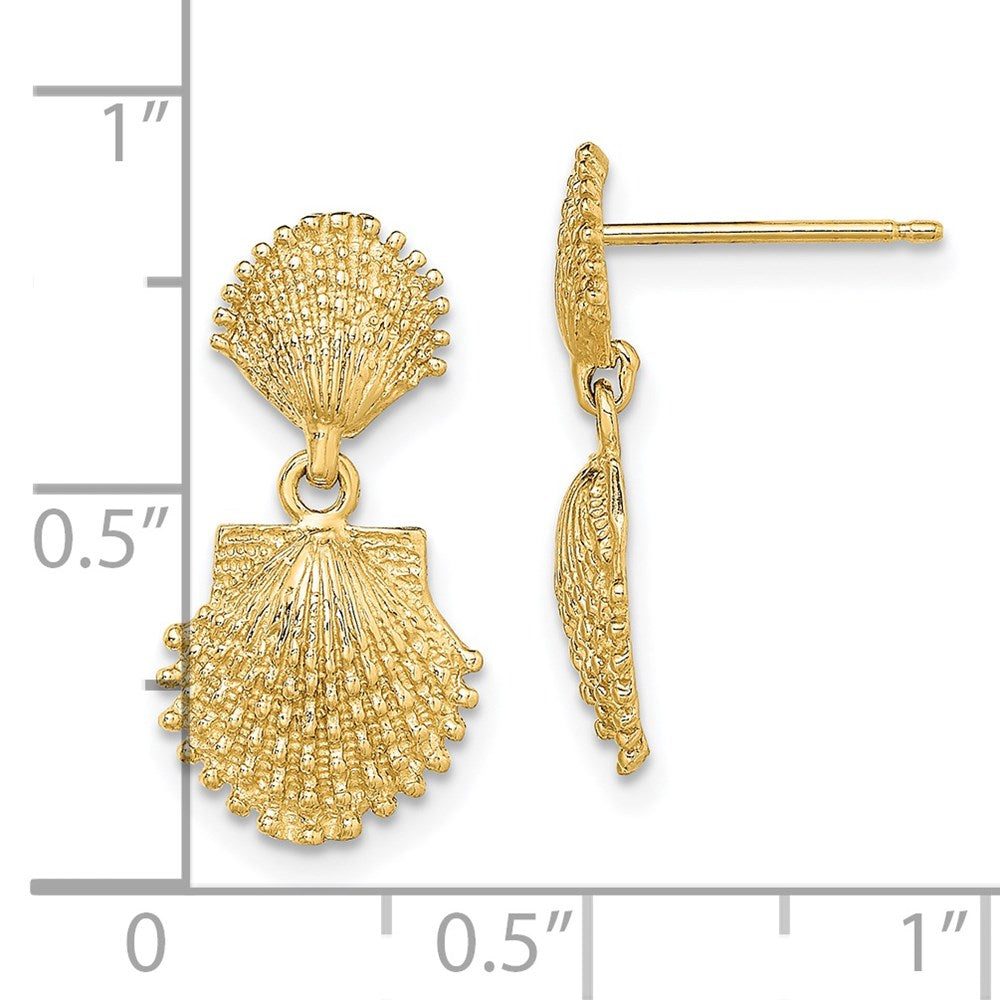 14k Yellow Gold 10.3 mm Double Beaded Scallop Shell Dangle Earrings (2.35 grams)