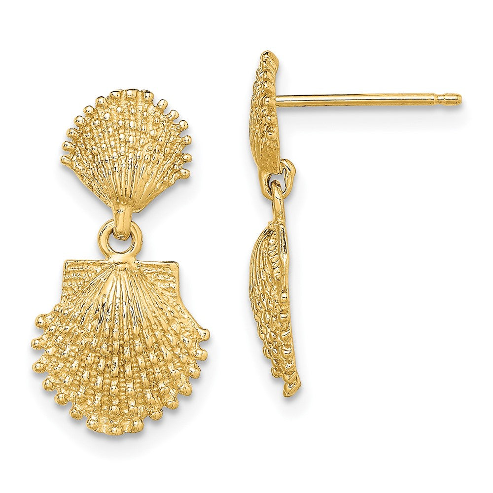 14k Yellow Gold 10.3 mm Double Beaded Scallop Shell Dangle Earrings (2.35 grams)