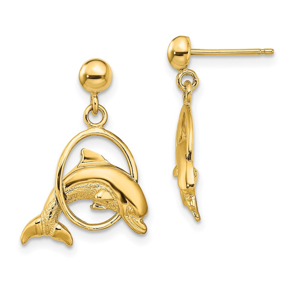 14k Yellow Gold 14.75 mm 2-D Polished Dolphin Jumping Through Hoop Earrings (2.93 grams)