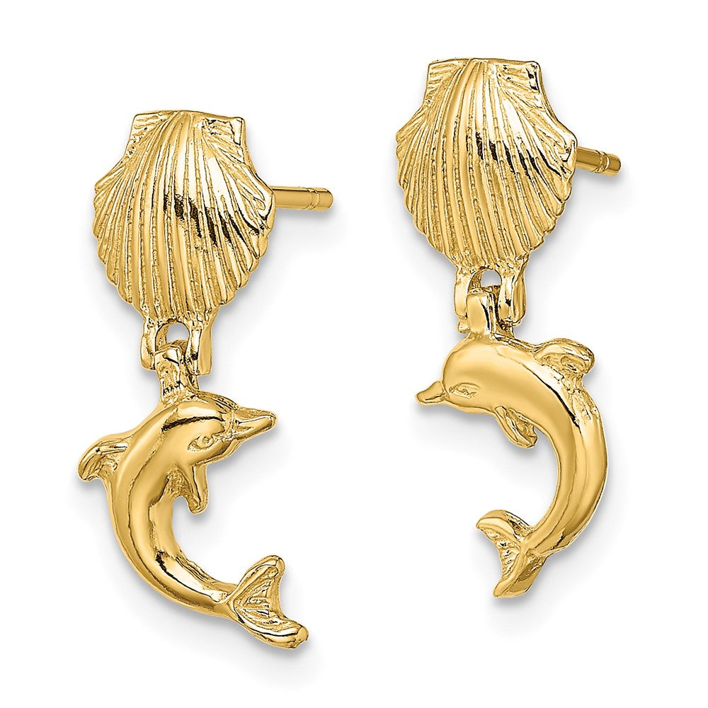 14k Yellow Gold 7.2 mm Dolphin Dangle From Mini Scallop Earrings (1.54 grams)