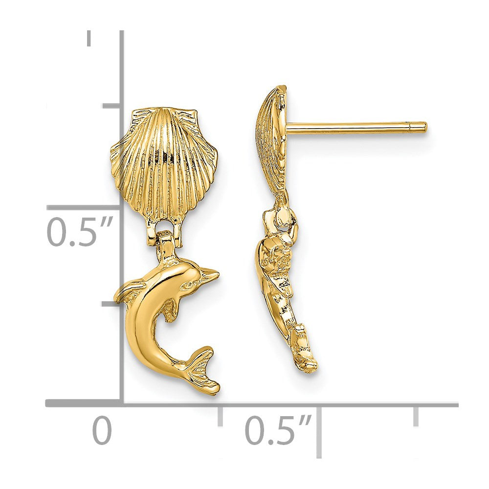 14k Yellow Gold 7.2 mm Dolphin Dangle From Mini Scallop Earrings (1.54 grams)