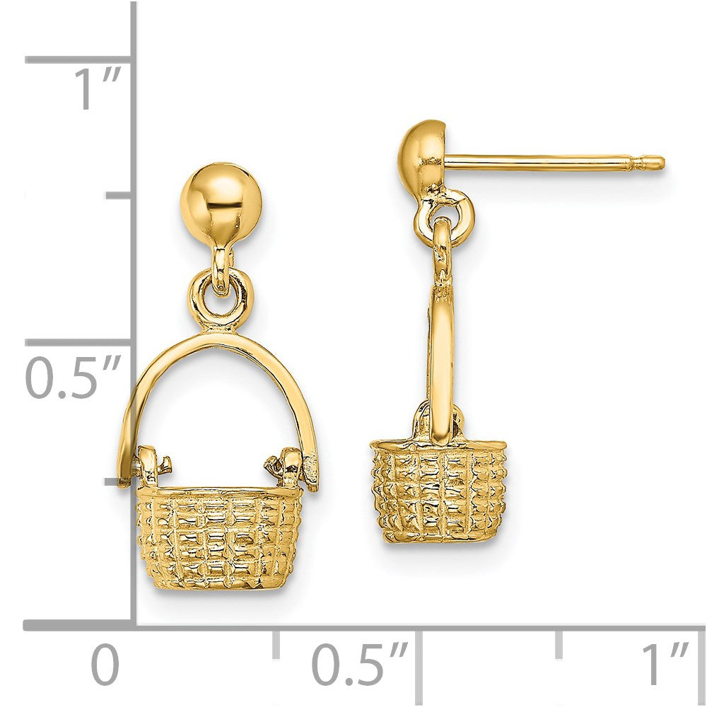 14k Yellow Gold 9 mm 3-D Basket / Moveable Handle Dangle Earrings (2.8 grams)