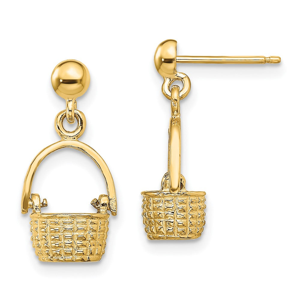 14k Yellow Gold 9 mm 3-D Basket / Moveable Handle Dangle Earrings (2.8 grams)