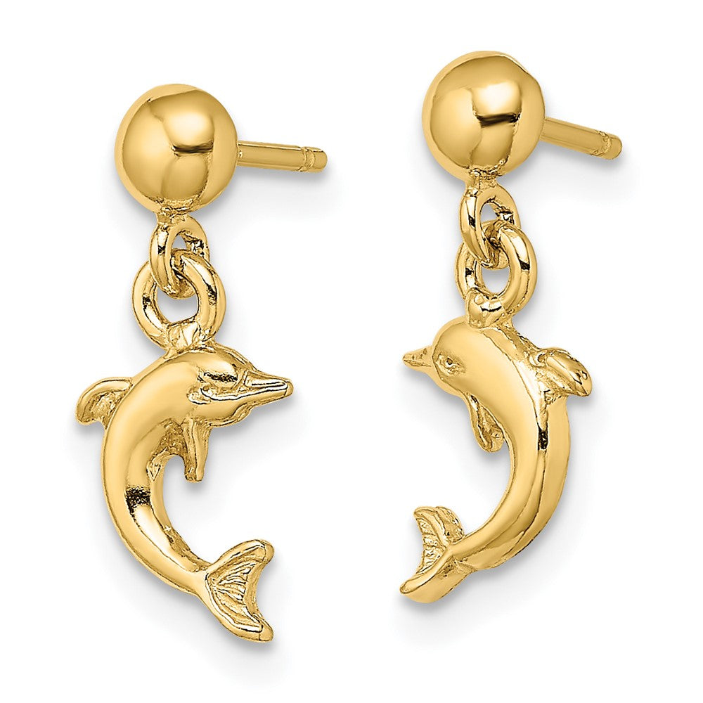 14k Yellow Gold 7 mm Mini Jumping Dolphin Dangle Earrings (1.45 grams)