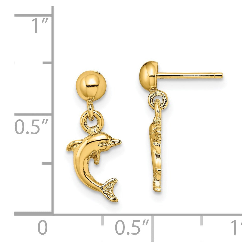 14k Yellow Gold 7 mm Mini Jumping Dolphin Dangle Earrings (1.45 grams)