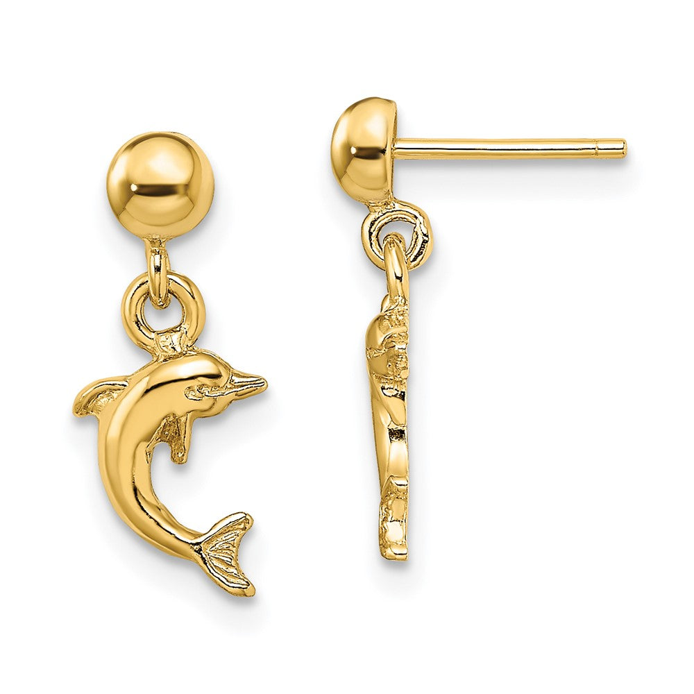 14k Yellow Gold 7 mm Mini Jumping Dolphin Dangle Earrings (1.45 grams)