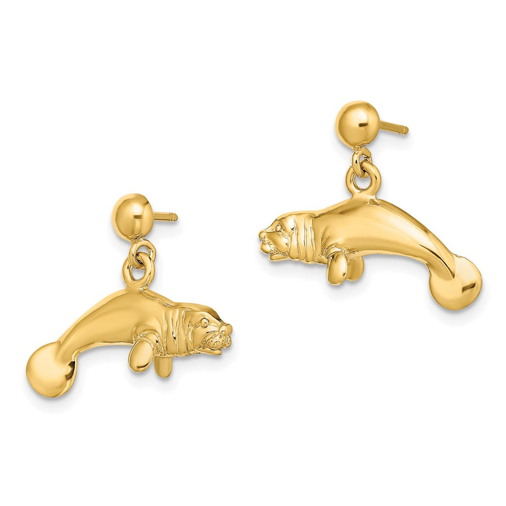 14k Yellow Gold 19.5 mm 3-D Polished Manatee Dangle Earrings (4.22 grams)