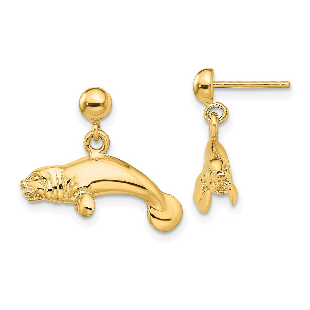 14k Yellow Gold 19.5 mm 3-D Polished Manatee Dangle Earrings (4.22 grams)