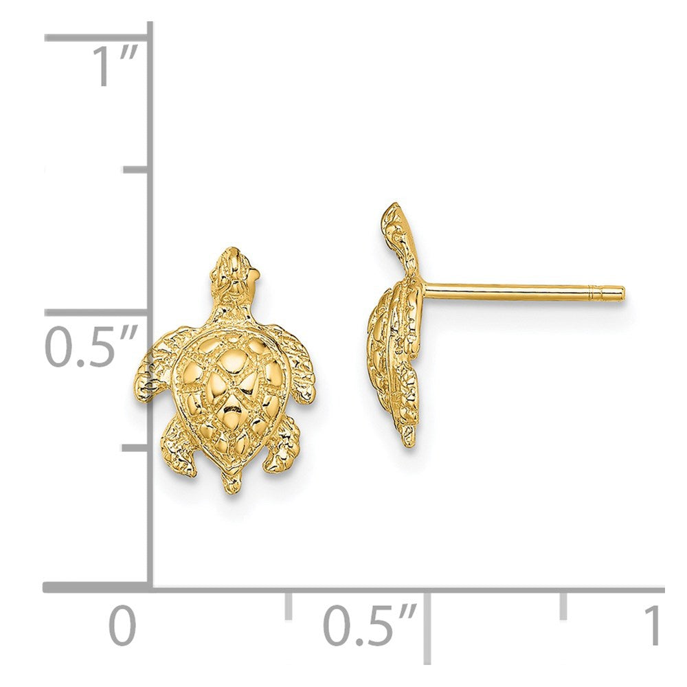 14k Yellow Gold 8.4 mm 2-D Textured Sea Turtle Post Earrings (1.41 grams)