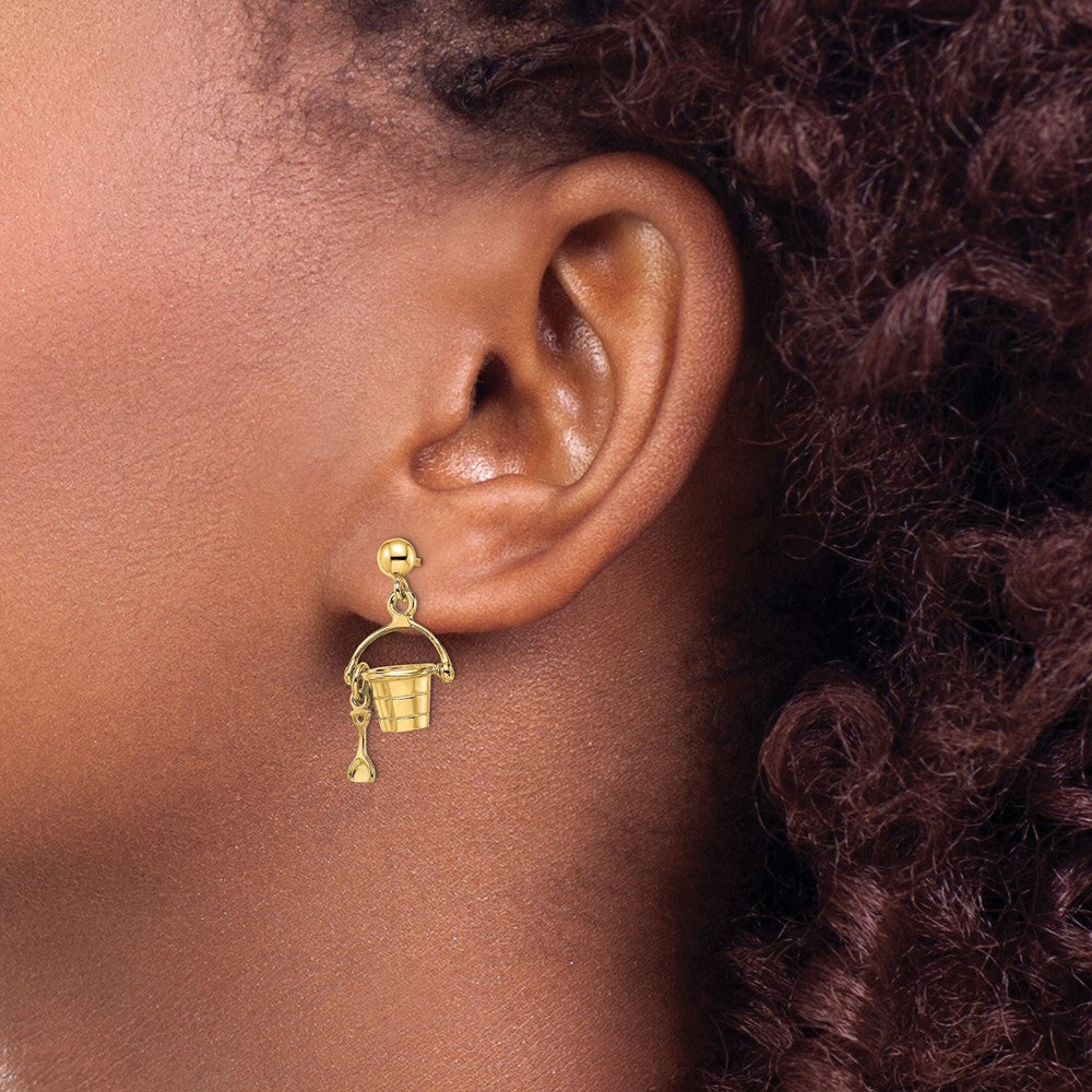 14k Yellow Gold 11.3 mm 3-D Beach Bucket w/ Shovel Dangle Earrings (3.31 grams)