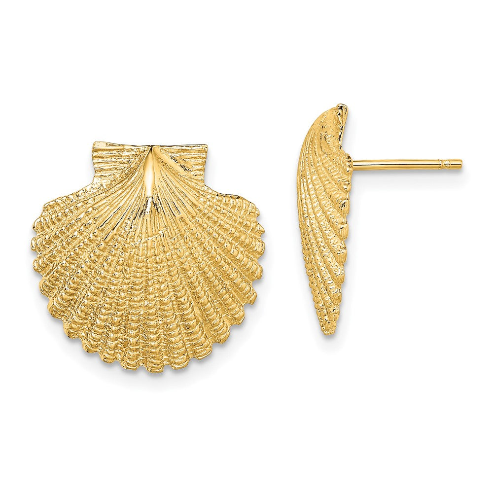 14k Yellow Gold 16.6 mm 2-D Textured Scallop Shell Post Earrings (5.4 grams)
