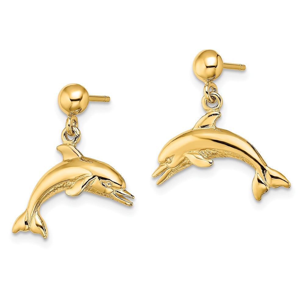14k Yellow Gold 7.4 mm Jumping Dolphin Dangle Earrings (2.24 grams)