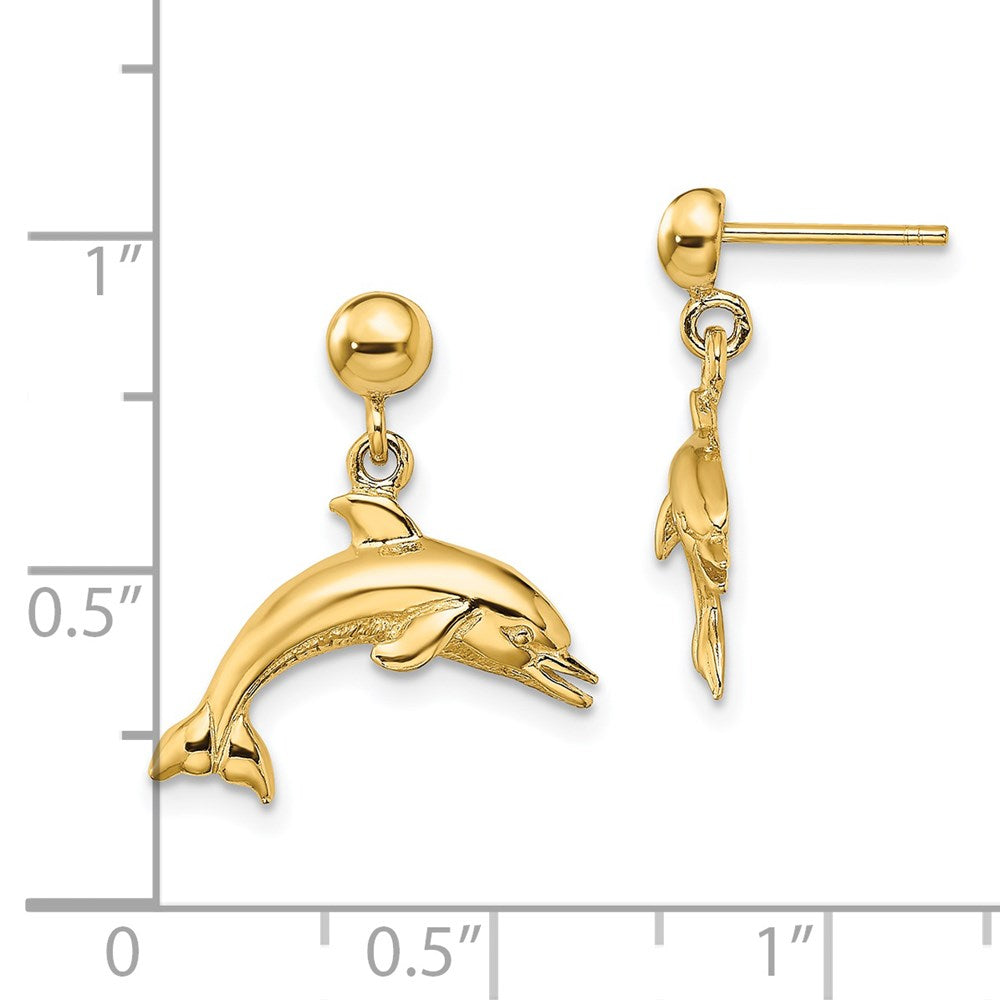 14k Yellow Gold 7.4 mm Jumping Dolphin Dangle Earrings (2.24 grams)