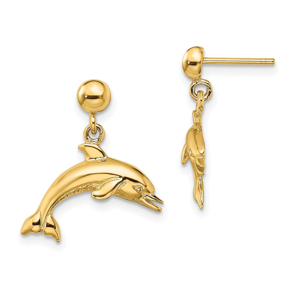 14k Yellow Gold 7.4 mm Jumping Dolphin Dangle Earrings (2.24 grams)