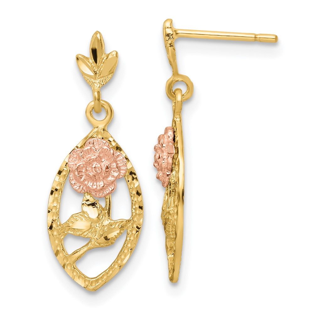 14k Two-tone 8.55 mm Textured Flower Post Dangle Earrings (1.75 grams)