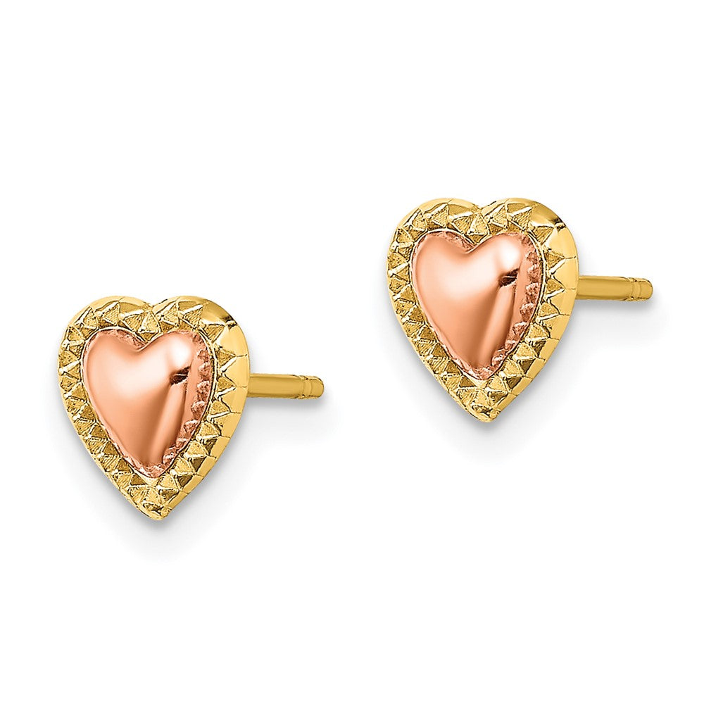 14k Two-tone 7 mm Two-Tone Beaded Heart Post Earrings (0.89 grams)