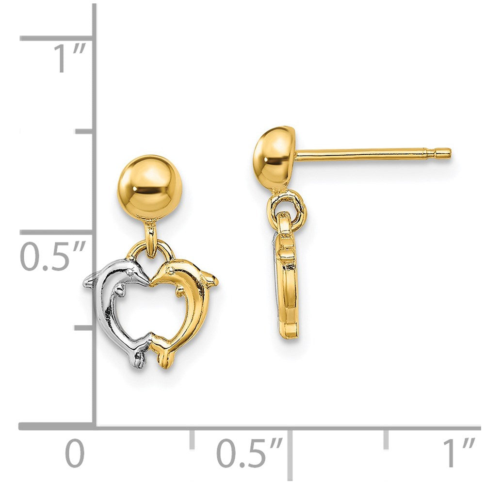 14k Yellow & Rhodium 7.6 mm  Dolphin Dangle Earrings (1.37 grams)