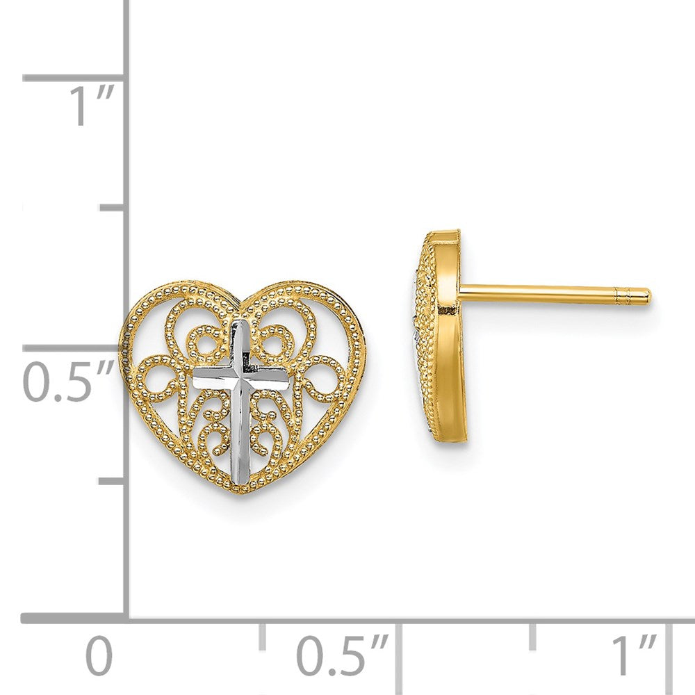 14K and White Rhodium Cross in Center Filigree Heart Post Earrings (1.08 grams)