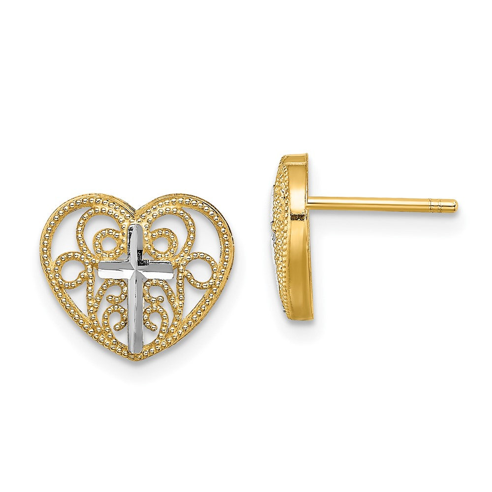 14K and White Rhodium Cross in Center Filigree Heart Post Earrings (1.08 grams)