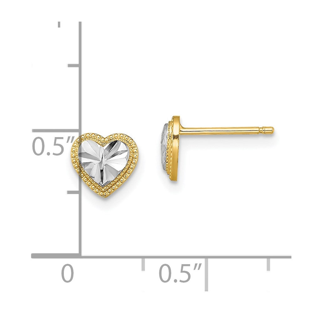 14k Yellow & Rhodium 6.9 mm  D/C Heart Post Earrings (0.85 grams)