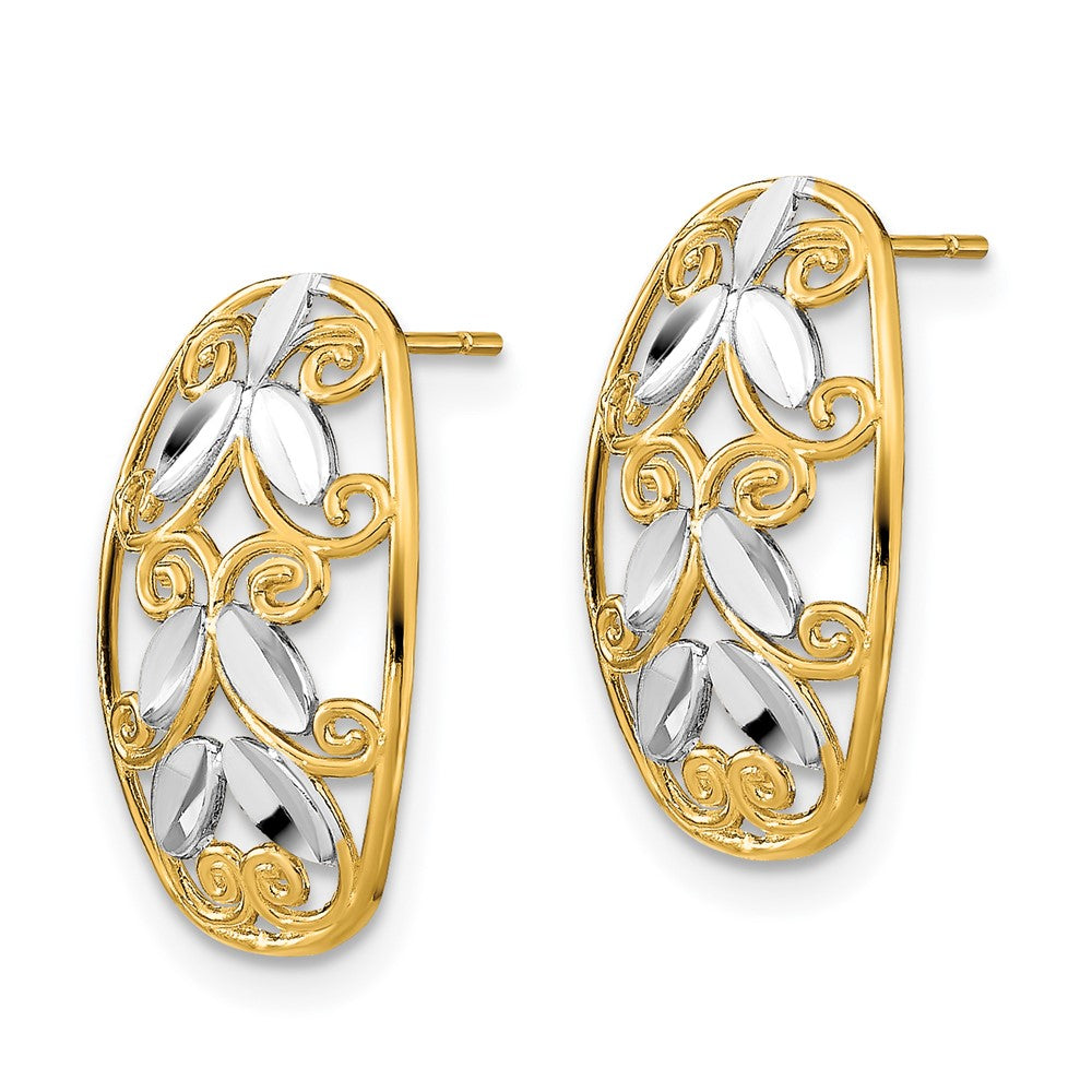 14k Yellow & Rhodium 10 mm  Oval D/C Filigree Post Dangle Earrings (1.44 grams)