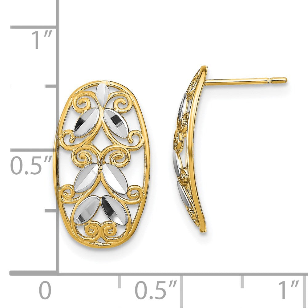 14k Yellow & Rhodium 10 mm  Oval D/C Filigree Post Dangle Earrings (1.44 grams)