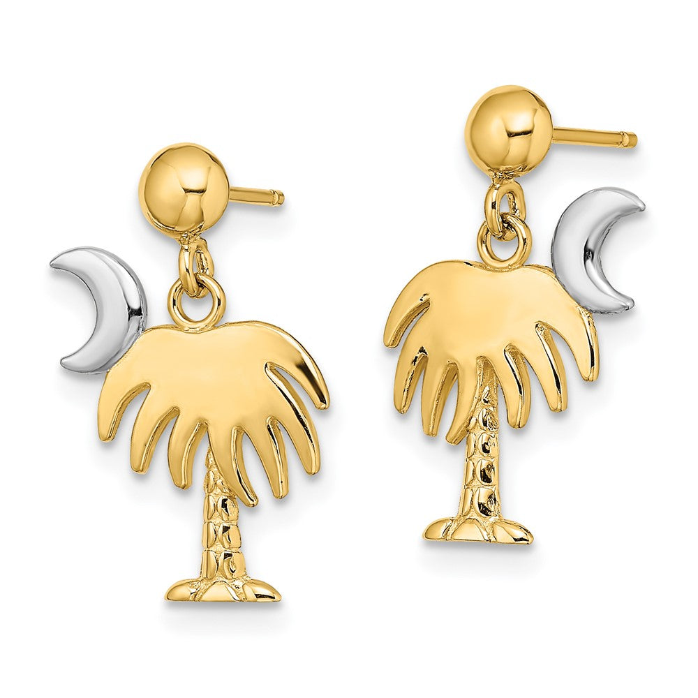 14k Yellow & Rhodium 12.85 mm  Charleston Palm Tree w/ Moon Dangle Earrings (1.82 grams)