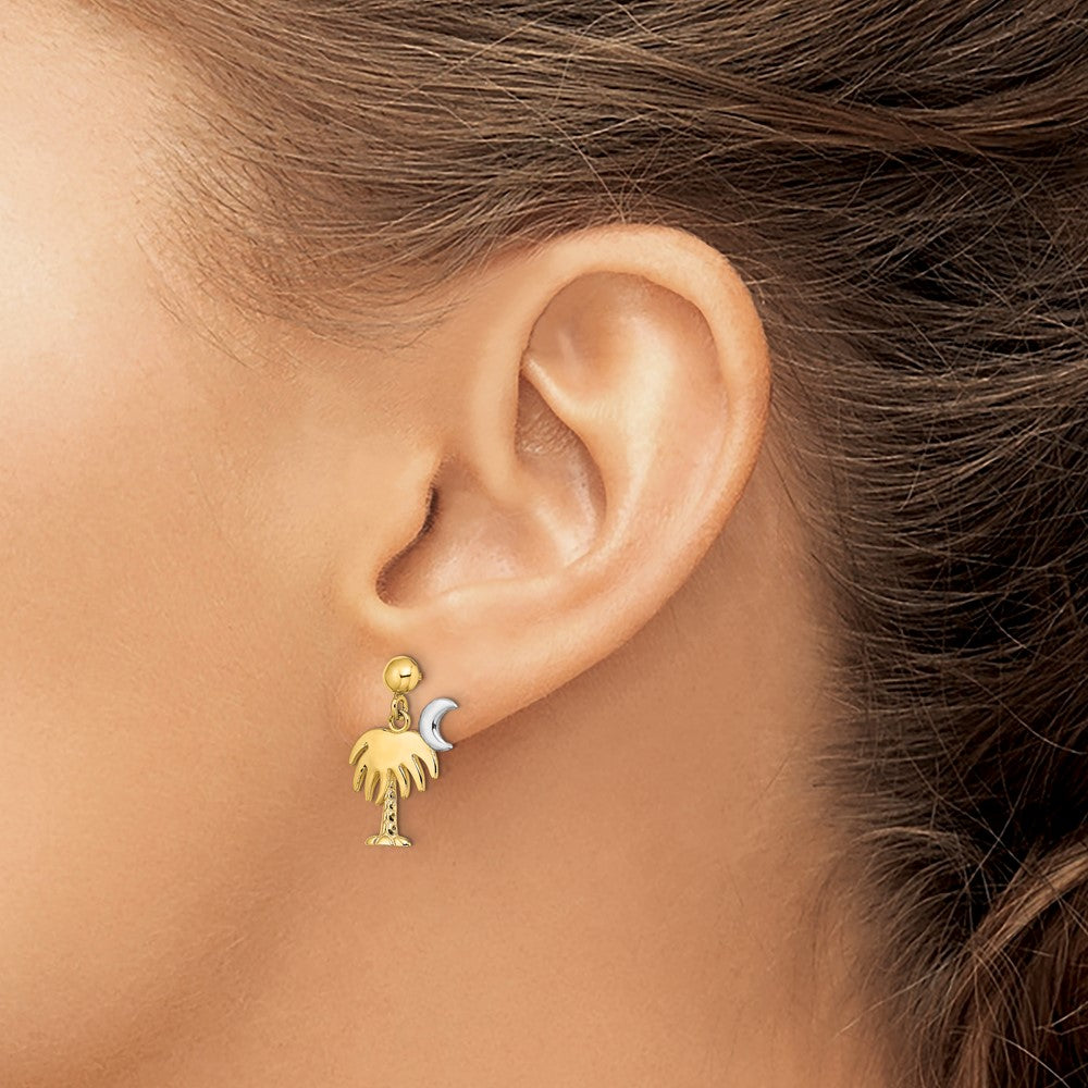 14k Yellow & Rhodium 12.85 mm  Charleston Palm Tree w/ Moon Dangle Earrings (1.82 grams)