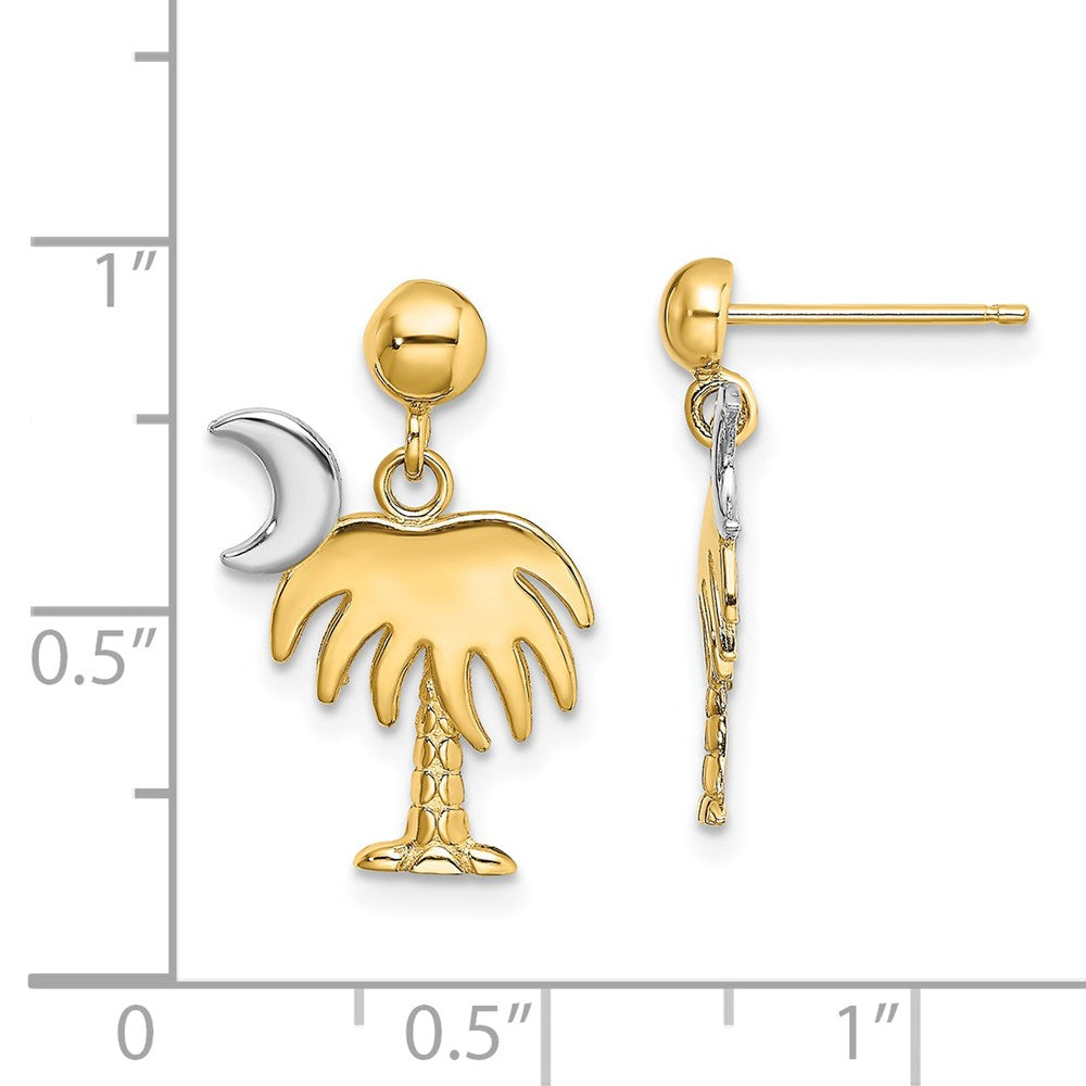14k Yellow & Rhodium 12.85 mm  Charleston Palm Tree w/ Moon Dangle Earrings (1.82 grams)
