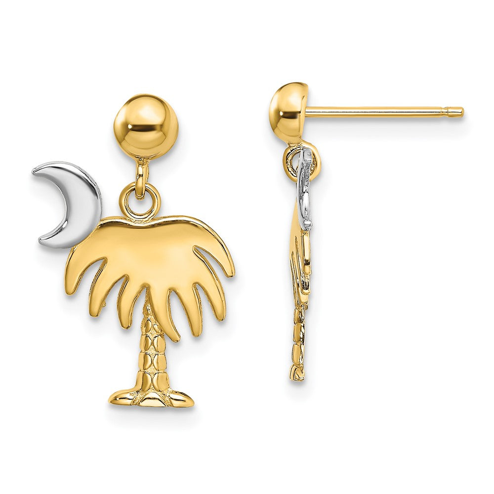 14k Yellow Rhodium mm Charleston Palm Tree w/ Moon Dangle Earr