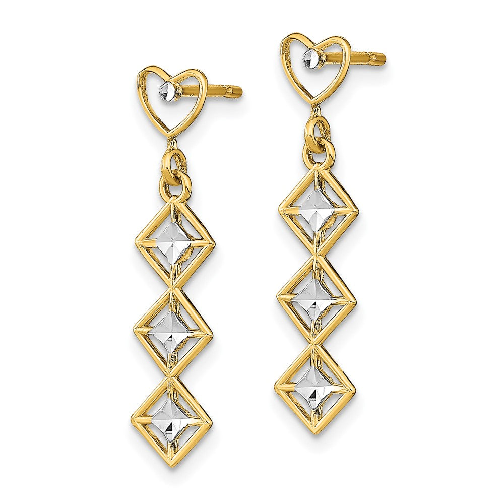 14k Yellow & Rhodium 6.5 mm w/RH D/C Heart and Diamond Shape Post Dangle Earrings (1.51 grams)