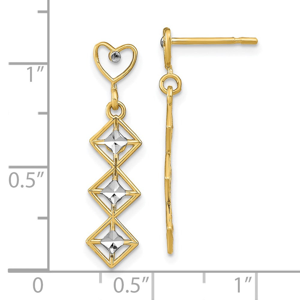 14k Yellow & Rhodium 6.5 mm w/RH D/C Heart and Diamond Shape Post Dangle Earrings (1.51 grams)