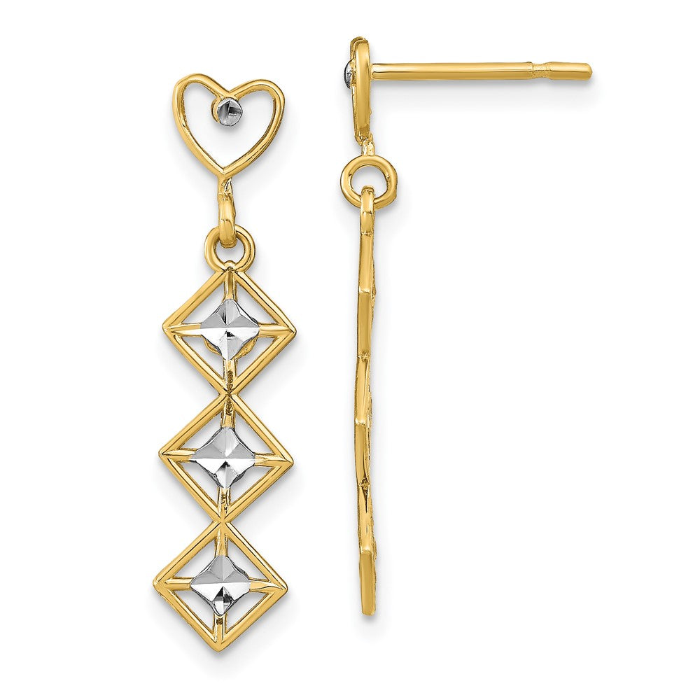 14k Yellow & Rhodium 6.5 mm w/RH D/C Heart and Diamond Shape Post Dangle Earrings (1.51 grams)