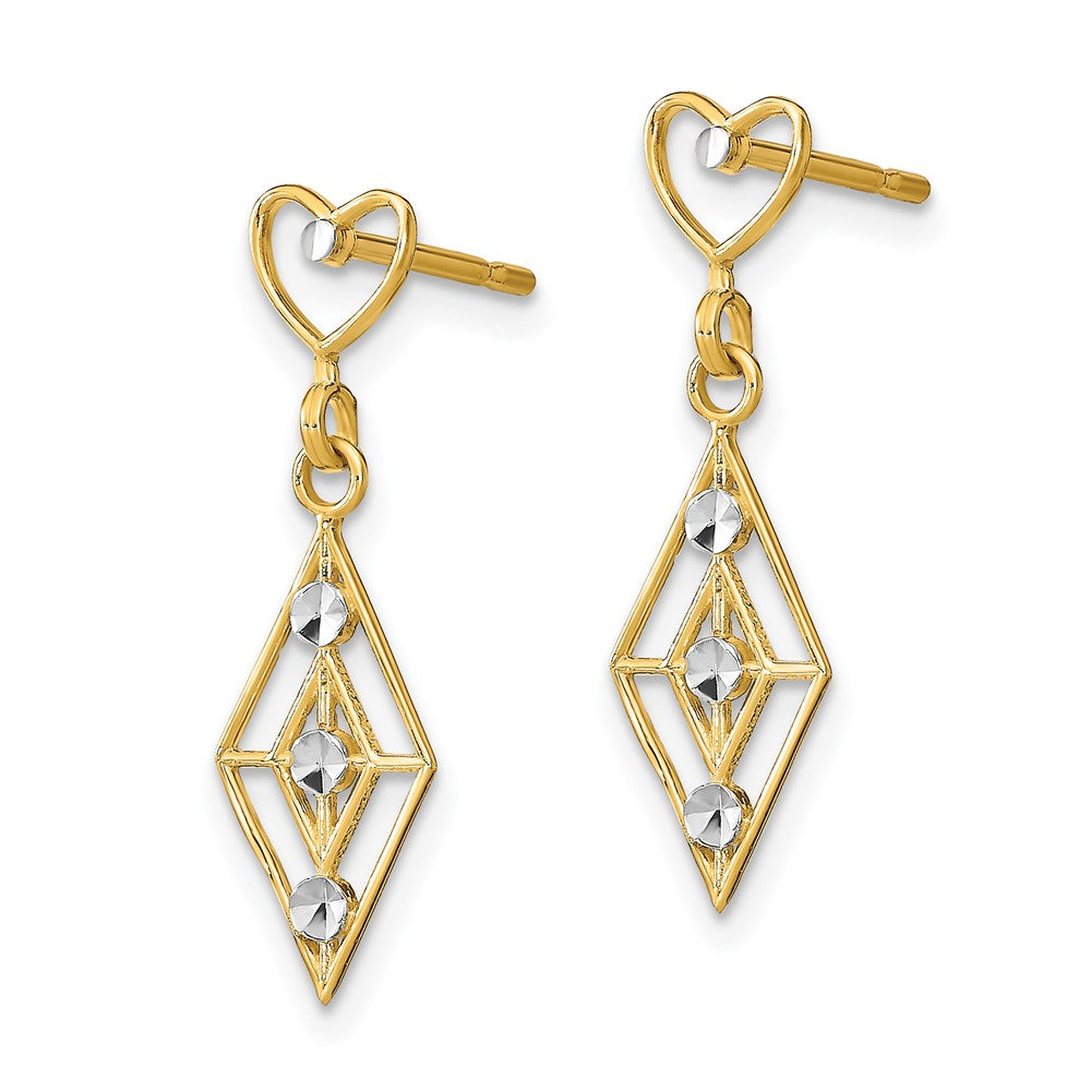 14k Yellow & Rhodium 7.5 mm w/RH Dia.-cut Diamond Shape Heart Dangle Earrings (1.31 grams)